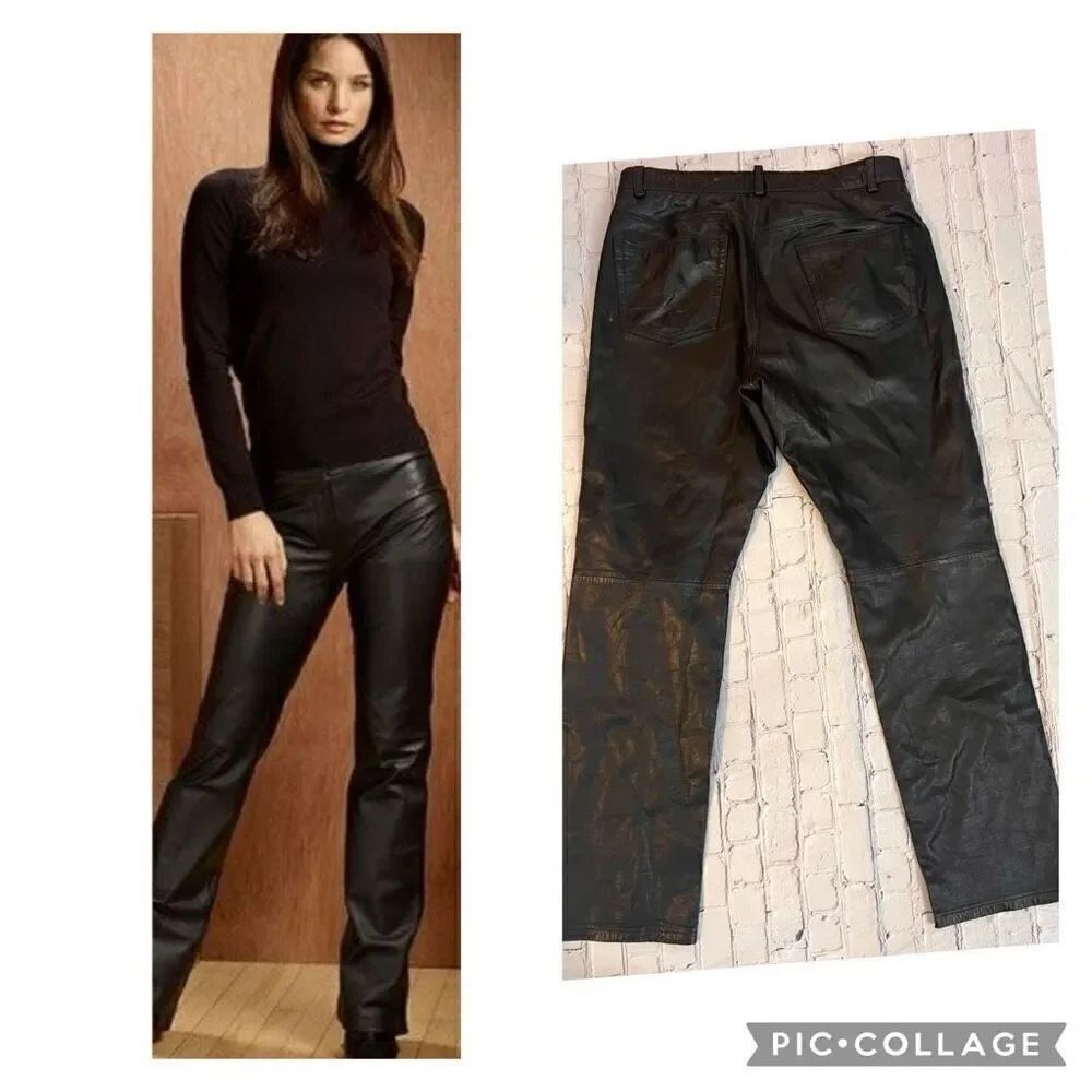 DKNY Women's Size 100% Leather Pants Black Straight Leg Trendy Chic Bikercore